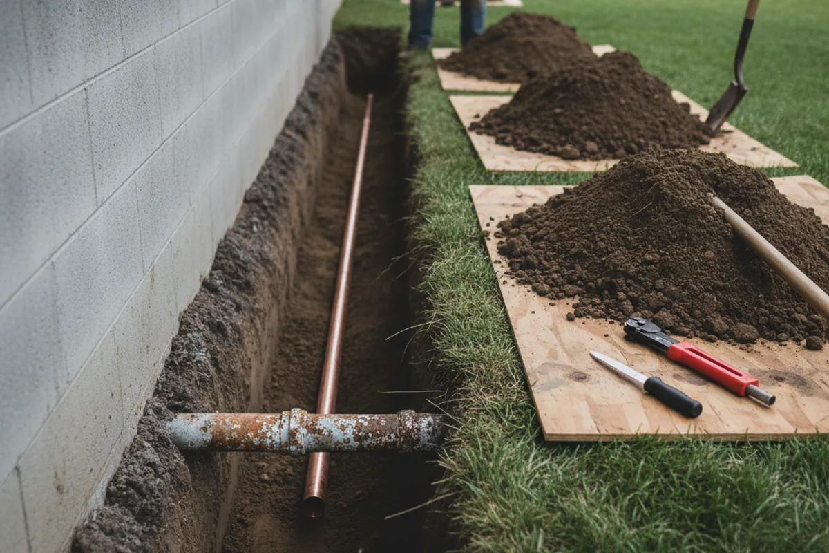 Excavated water line trench during Sewer Line Repair in Tumacacori